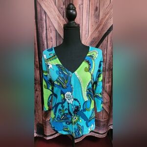 Avalon Lime/Blue Floral Front Sequin Detail Button Down Top (Small)